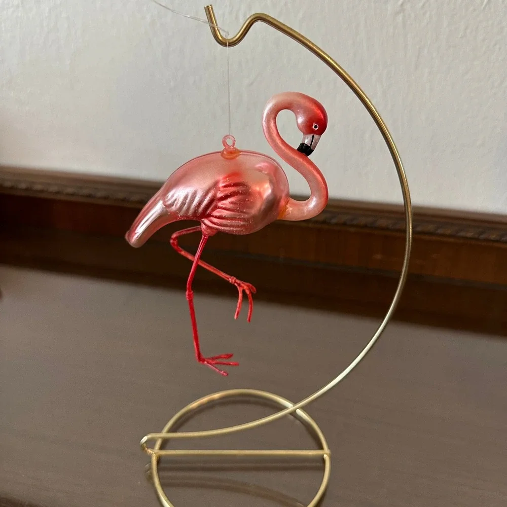 Pink Flamingo Glass Christmas Ornament Iridescent Tropical Bird Holiday 5.5''